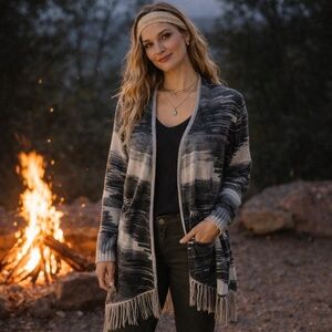 Lucky Brand Open Front Fringe Cardigan Large Boho Western Aztec Duster